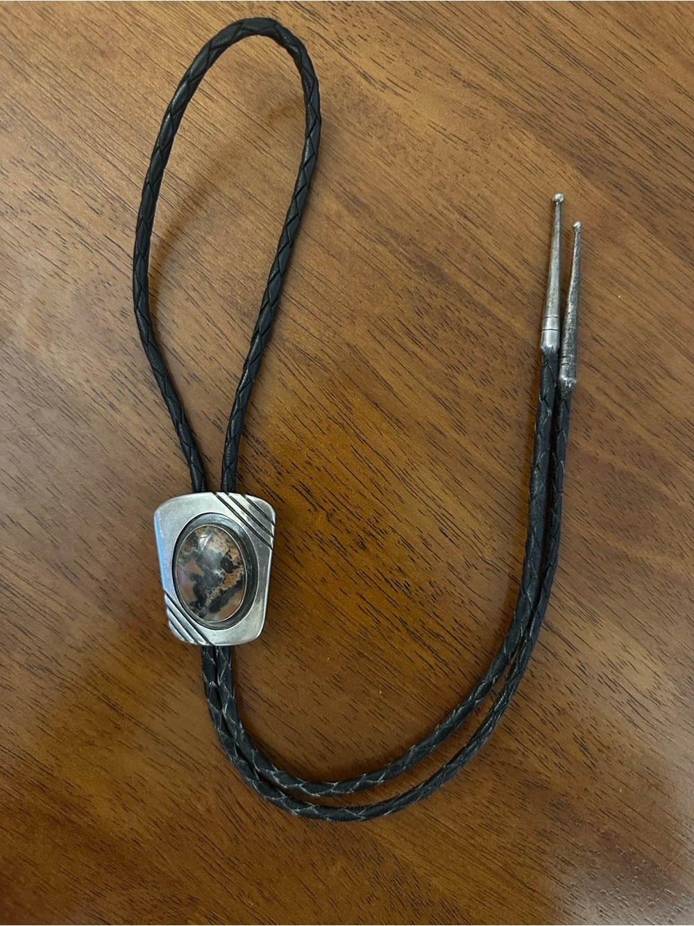 Black Leather and Sterling Silver Bolo Tie with Stone Inlay-Navajo/Vintage